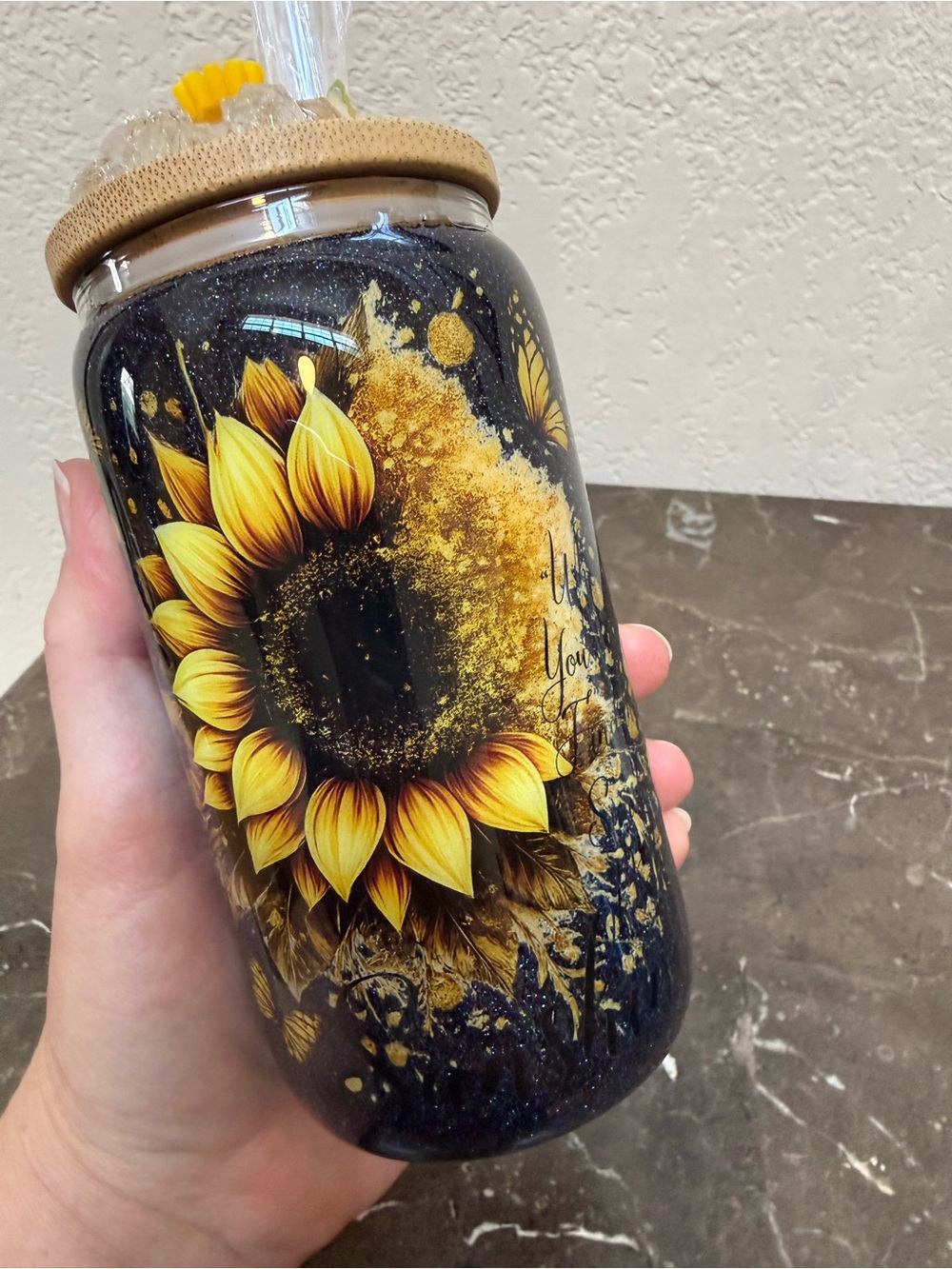 Sunflower Sunshine 12 oz Wine Glass Cup with Lid Handmade